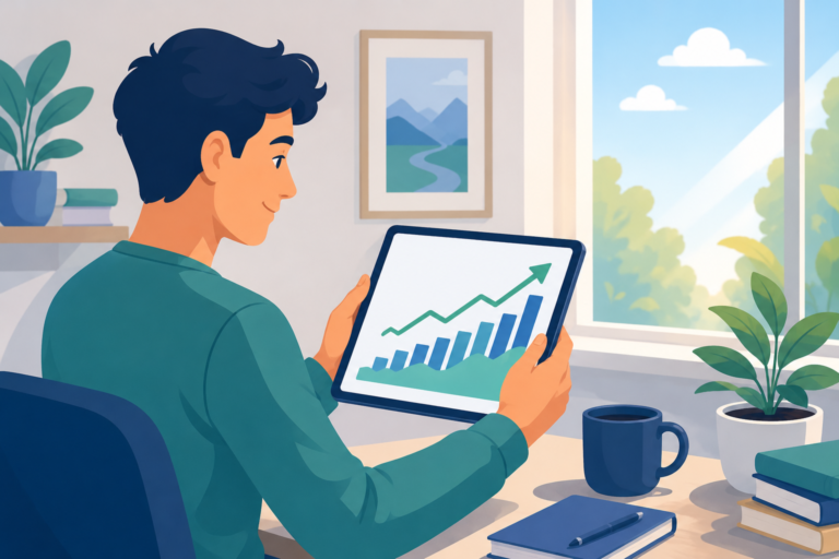 Flat illustration: young person viewing upward-trending investment chart on tablet, warm blues and greens, clean modern financial style, hopeful and approachable mood, no text on screen.